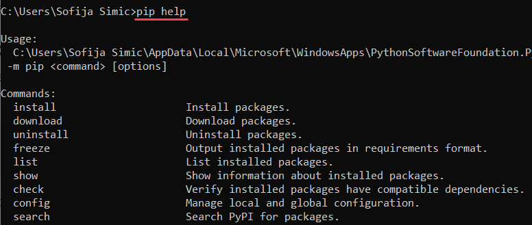 Run pip help command to verify installation.